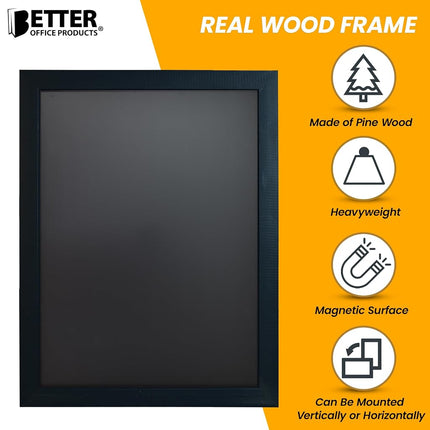 Magnetic Wall Chalkboard, Large Size 18" x 24", Rustic Wood Frame, Chalkboard Sign, Vertical or Horizontal Wall Mount, Includes Chalk and Eraser, by Better Office Products (Solid Black)