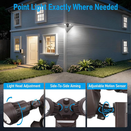 LEONLITE COB LED Security Light, Motion Sensor Flood Lights Outdoor, Aluminum, 3 Modes Motion Detector+Dusk to Dawn+Switch Control, 100-277V, Adjustable 2-Head, IP65, 5000K Daylight, ETL, Bronze