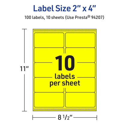 Avery Printable Rectangle Labels, Sure Feed Technology, 2" x 4", Neon Yellow Labels, Laser/Inkjet Printable, 100 Total, Great for Mailing and Candles