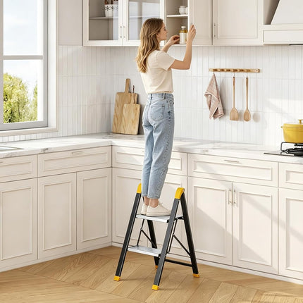 KINGRACK 2 Step Ladder, Wide Anti-Slip Aluminium Pedal, 330 lbs Load Black