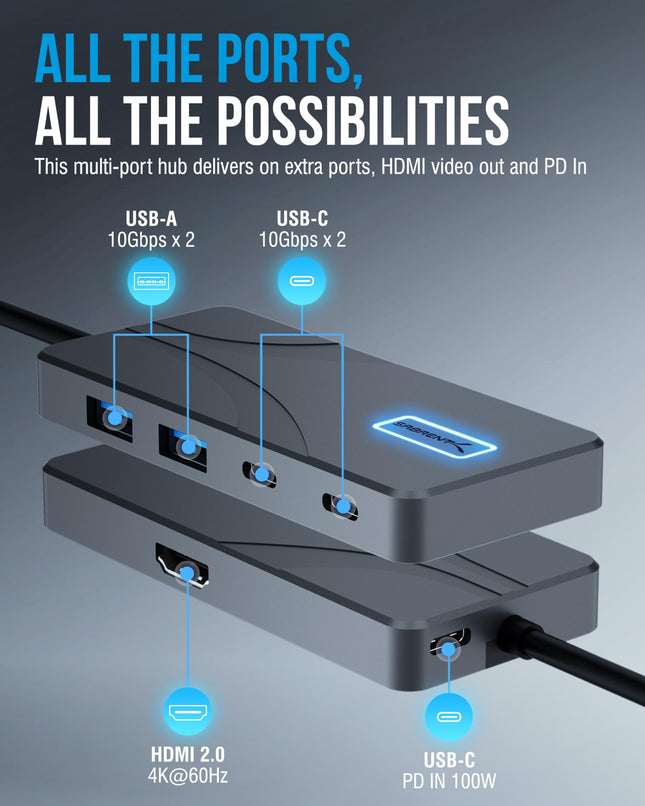 SABRENT USB C Hub, 4K@60Hz HDMI Adapter, 4 Port 10Gbps USB C Dock, 100W Power Delivery Laptop Docking Station, Mac Adapter Multiport (HB-TG5P)