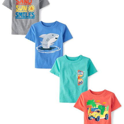 The Children's Place T-shirts graphiques à manches courtes assortis pour bébés et tout-petits garçons, lot multiple, Monster Truck/Requin/Lunettes de soleil/Sable, 3T