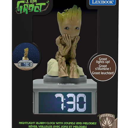 LEXiBOOK, Marvel Guardians of The Galaxy, Groot Nightlight Alarm Clock, Sounds and Melodies, Backlit LCD Screen, Illuminated, Snooze, Grey/Brown, RL800GG