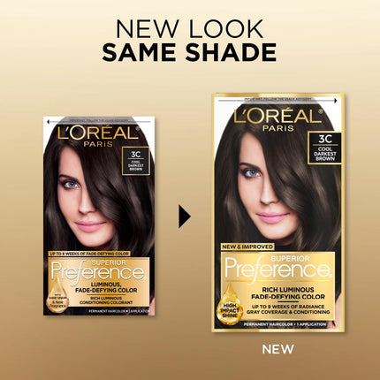 L’ Oreal Paris Superior Preference Fade-Defying + Shine Permanent Hair Color, 3C Cool Darkest Brown, Pack of 1, Hair Dye