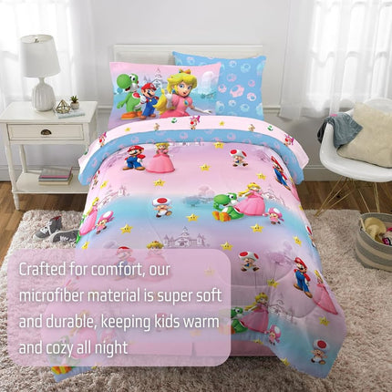 Franco Comforter and Sheet Set with Sham, Microfiber, Super Mario Girl, 5 Piece Twin Size