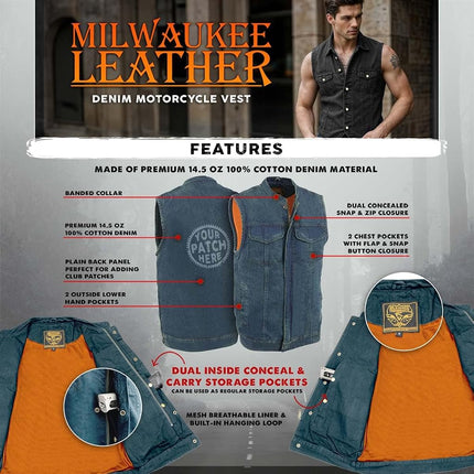 Milwaukee Leather MDM3000 Men's Blue Denim ‘Quick Draw’ Dual Closure Club Style Vest - Medium