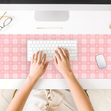 Pink Minimalist Gingham Floral Desk Mat Gaming Mouse Pad Large Cute Pastel Desk Pad Deskmat Kawaii, Women Office Desk Cover Mat, Laptop Computer Keyboard Mat Mousepad Desk Accessories 31.5"x11.8"