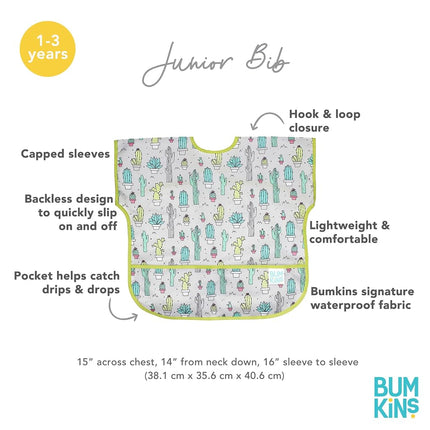 Bumkins Junior Bib, Adjustable Hook & Loop Closure, Catch-All Pocket, Baby-Led Weaning, Waterproof, Machine Washable, Stain & Odour Resistant, BPA Free, 1-3 Years, Cacti Design