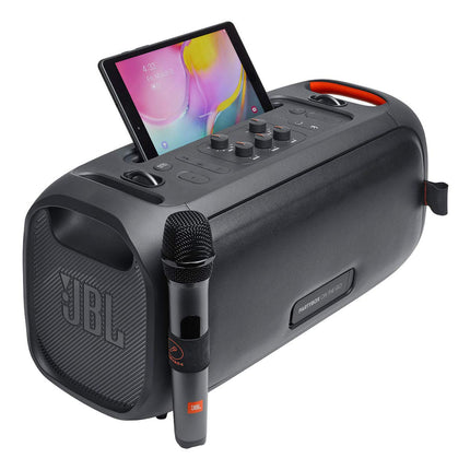 JBL PartyBox On-The-Go - A Portable Karaoke Party Speaker with Wireless Microphone, 100W Power Output, IPX4 splashproof, 6 Playtime Hours, Shoulder Strap and Wireless 2 Party Speakers Pairing (Black)