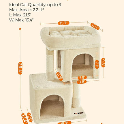Feandrea Cat Tree Tower, 67 cm, S, Condo for Kittens up to 7 lb, Large Perch, 2 Caves, Scratching Post, Beige UPCT611M01