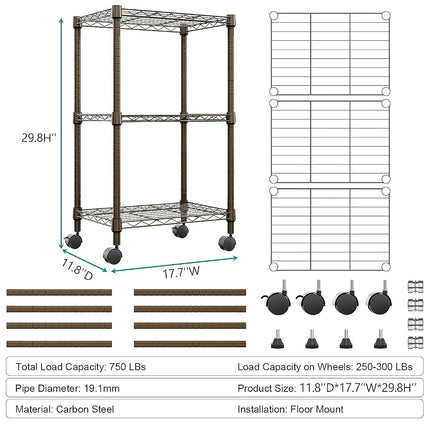 MZG 3 Tier Shelf Metal Storage Shelves Wire Rack Closet Organizers with Wheel for Garage Kitchen Bathroom Laundry Brown 11.8" D x 17.7" W x 29.8" H