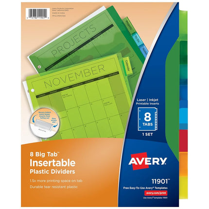 Avery Big Tab Insertable Plastic Dividers, 8 Multicolor Tabs, Case Pack of 24 Sets (11901)