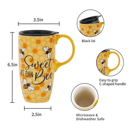 Topadorn Bumble Bee Ceramic Travel Mug with Lid, 17oz Coffee Mug with Handle, Microwave & Dishwasher Safe, Gift Box Included, Nature Lover Gift