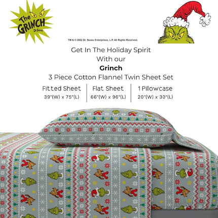 Grinch by Dr. Seuss Holiday & Christmas Bedding Super Soft 100% Cotton Flannel Sheet Set, Twin, (Official Dr. Seuss Product) by Franco