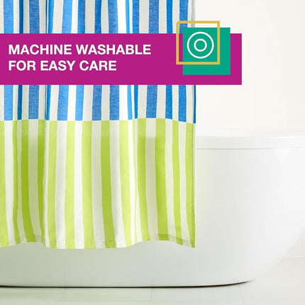 TOWN & COUNTRY PLAY Adeline Offset Stripe Cotton-Rich Breathable Fabric Shower Curtain with Anti-Rust Grommets, Purple/Green/Blue, 70"x72"