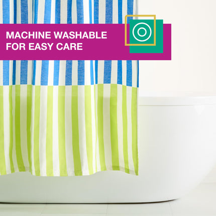 TOWN & COUNTRY PLAY Adeline Offset Stripe Cotton-Rich Breathable Fabric Shower Curtain with Anti-Rust Grommets, Purple/Green/Blue, 70"x72"