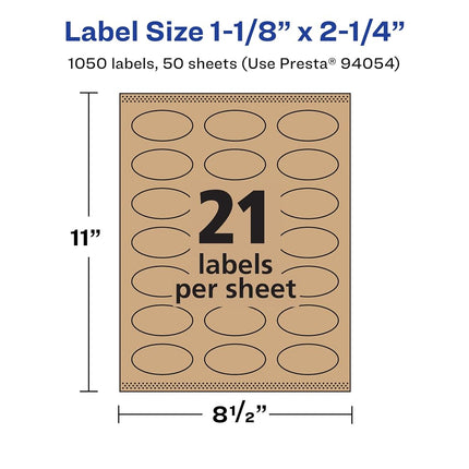 Avery Kraft Brown Oval Labels with Sure Feed, 1-1/8" x 2-1/4", 1,050 Kraft Brown Labels, Print-to-The-Edge, Laser/Inkjet Printable Labels