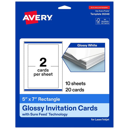 Avery Printable Rectangle Cards, Sure Feed Technology, 5" x 7", Glossy White Cardstock, Laser/Inkjet Printable, 20 Total, Great for Invitations and Thank You Messages