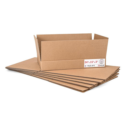 Paclord 6 Pack Flat Cardboard Boxes 24" L x 15" W x 3" H - USA Made Packaging Boxes for Moving House, Shipping or Storage - USPS, UPS, FedEx Approved