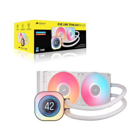 Corsair iCUE LINK TITAN 240 RX LCD Liquid CPU Cooler – 240mm AIO – Low-Noise – FlowDrive Cooling Engine – Intel LGA 1851/1700, AMD AM5/AM4 – 2x RX120 RGB Fans – iCUE LINK System Hub Included – White