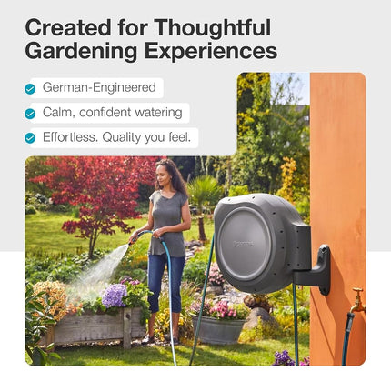 GARDENA 8055 - 100 Foot Wall Mounted Retractable Reel with Hose Guide, Automatic retraction for Easy Watering, Gray