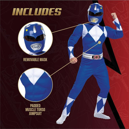 Disguise Official Blue Power Rangers Costume Kids, Power Rangers Fancy Dress Up Outfit for Boys, M
