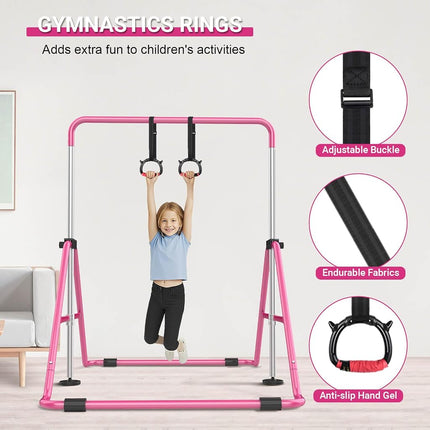Nimsqury Foldable Gymnastics Bar, 5-Height Adjustable Gymnastic Bars for Kids at Home,Robust & Stable for Indoor/Outdoor Using,Weight Limit 140LBS (Pink)