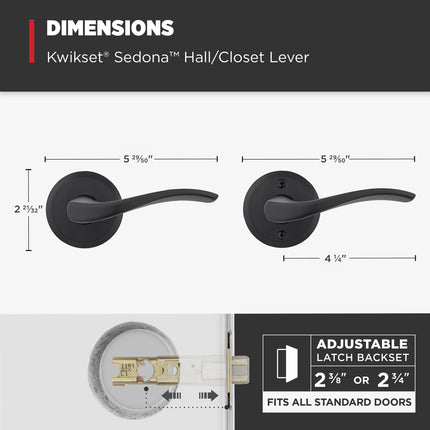 Kwikset Sedona Interior Passage Door Handle, Lever for Closet and Hallway Doors, Reversible Non-Locking Handle Lever, Matte Black, with Microban Protection