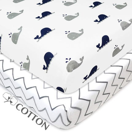 American Baby Company Drap-housse en jersey 100 % coton naturel imprimé pour parc pliant, Baleine marine/Zigzag gris, Doux et respirant, pour garçons et filles, Lot de 2, 68,5x99 cm (Lot de 2)