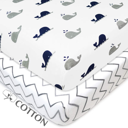American Baby Company Printed 100% Natural Cotton Jersey Knit Fitted Pack N Play Playard Sheet, Navy Whale/Grey Zigzag, Soft Breathable, for Boys & Girls, Pack of 2, 27x39 Inch (Pack of 2)