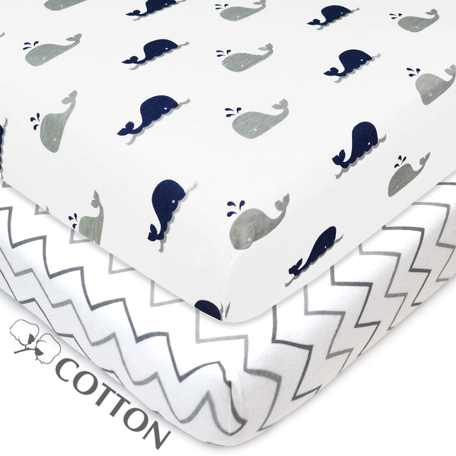 Sábana Ajustable de Punto de Jersey 100% Algodón Natural Estampada para Cuna Corral de American Baby Company, Ballena Azul Marino/Zigzag Gris, Suave y Transpirable, para Niños y Niñas, Paquete de 2, 27x39 Pulgadas (Paquete de 2)