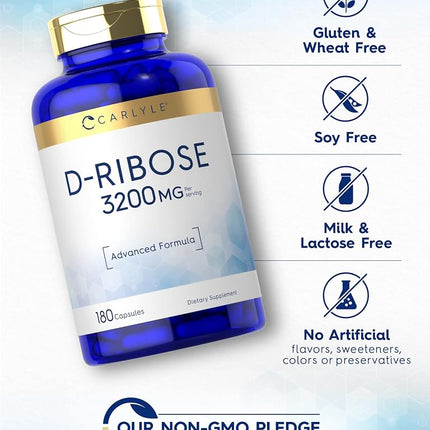 Carlyle D-Ribose Capsules | 3200mg | 180 Count | Vegetarian, Non-GMO, Gluten Free Supplement