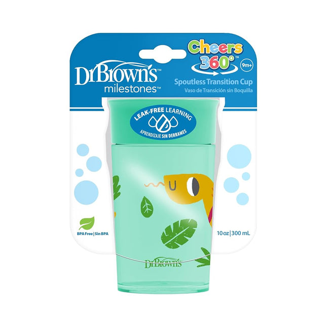 Dr. Brown's Milestones Cheers 360 Spoutless Transition Cup, Travel Friendly and Leak-Free Sippy, Green Animals, 10 oz/300 mL, BPA-Free, 9m+, 1-Pack