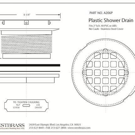 Westbrass A206P-62 2" No-Caulk PVC Compression Shower Drain with 4-1/4" Round Grid Cover, Matte Black