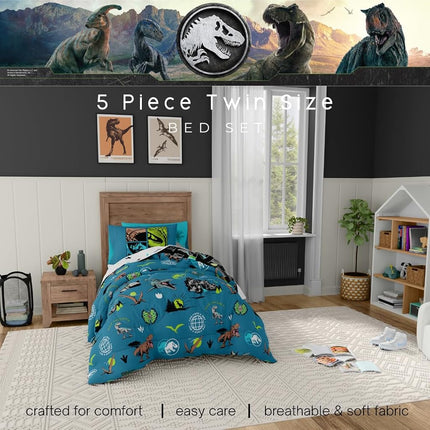 Franco Jurassic World Kids Bedding Super Soft Cozy Reversible Microfiber Comforter and Sheet Set with Sham, 5 Piece Twin Size, (Officially Licensed Product)