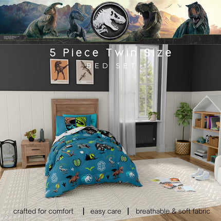Franco Jurassic World Kids Bedding Super Soft Cozy Reversible Microfiber Comforter and Sheet Set with Sham, 5 Piece Twin Size, (Officially Licensed Product)