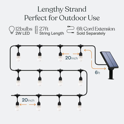 Brightech Ambience Pro Solar - 27 Ft Edison Bulb Outdoor String Lights - Hanging 2W LED Patio Lights Create Old Italian Market Look & Feel in Your Yard - Commercial Grade Waterproof & Weatherproof