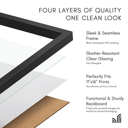 Americanflat 11x16 Picture Frame with Polished Plexiglass - Streamline Collection - Thin Border Picture Frame for Wall Display - Hanging Hardware Included - Black