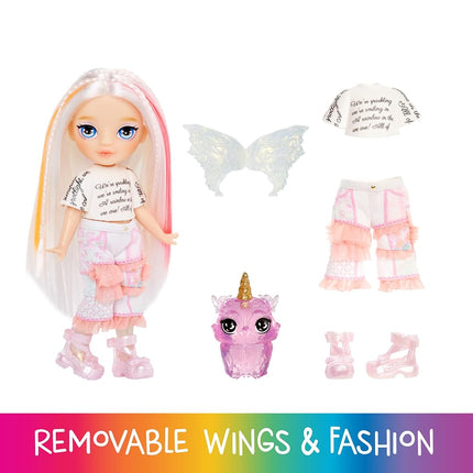 Rainbow High Littles Rainbow Fantasy Fairies & Pet - Opal, Rainbow - 14cm Posable Small Doll & Fantasy Owl Pet with Interchangeable Fairy Wings, Cute Present for Children 4+