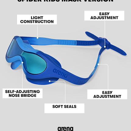 arena Spider Kids Mask Anti-fog Swimming Goggles, Swimming Mask with Large Lenses, Medium-Dark Lenses for Any Environment, UV Protection, Self-Adjusting Nose Bridge, Close-Fitting