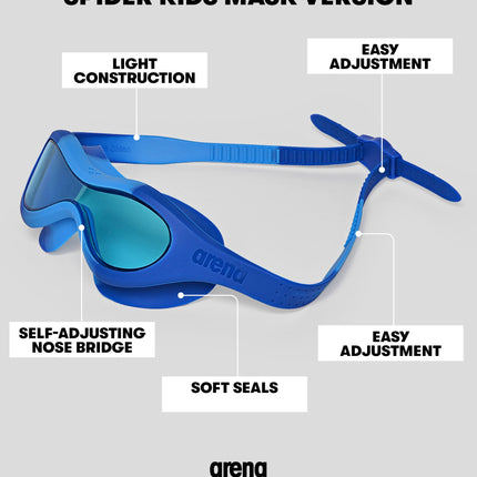 arena Spider Kids Máscara de natación antiniebla, máscara de natación con lentes grandes, lentes medianas-oscuras para cualquier entorno, protección UV, puente nasal autoajustable, ajuste ceñido