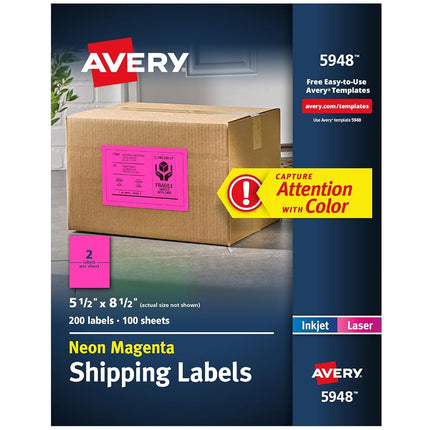 Avery Neon Shipping Labels for Laser Printers, 5-1/2" x 8-1/2", 200 Pink Labels (5948)