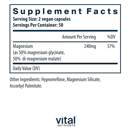 Vital Nutrients Magnesium (Glycinate/Malate) 120 mg - Magnesium for Sensitive Individual