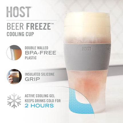 Host Freeze Beer Glasses, 16 ounce Freezer Gel Chiller Double Wall Plastic Frozen U.S. Pint (473ml / .83 UK Pint) Glass, Set of 2 - Grey (3309)