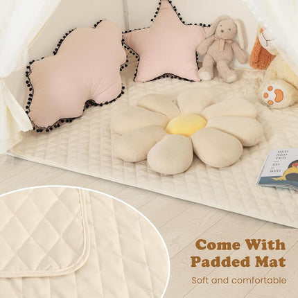 INFANS Kids Play Tent, Large Size Playhouse with Washable Cotton Mat Star Light Windows Plaid Pennants, 57.5” x 38” x 52.5”, Indoor Outdoor Princess Tents Castle for Toddlers Age 3+ Years Old (Beige)