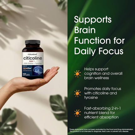 NatureBell Citicoline Capsule Supplement, Made with Colineclear, 500mg Citicoline Plus 50mg Tyrosine Per Serving, 120 Capsules, Non-GMO