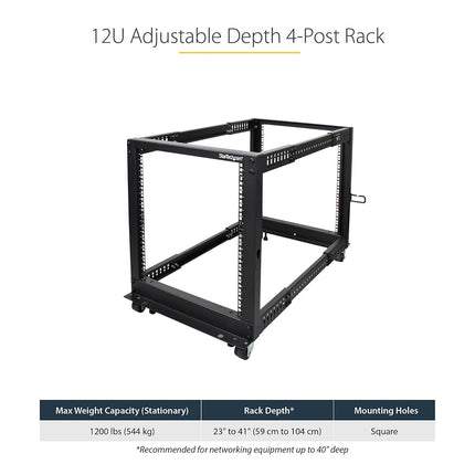 StarTech 12U 4-Post Open-Frame Rack, 101cm, 544kg, Mobile (4POSTRACK12U)