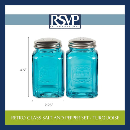 RSVP International Jumbo Retro Glass Salt & Pepper, Screw On Stainless Steel Lid, Each Shaker Holds 8 Ounces, 2.25x2.25x4.8, Turquoise