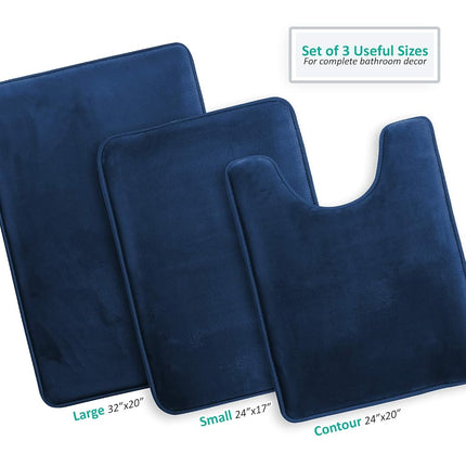 Clara Clark Bathroom Rugs, Ultra Soft Non Slip and Absorbent, Velvet Memory Foam Bath Mat. Set of - 20 x 32/17 x 24/19 x 24, Royal Blue