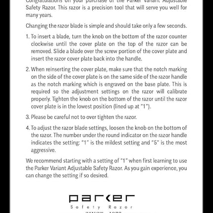 Parker THE VARIANT CLOSED COMB - ADJUSTABLE Double Edge Safety Razor, Customize your Shave with a Turn of the Dial from Mild to Aggressive - 5 Blades Included (SATIN CHROME)